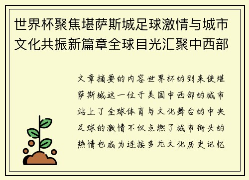 世界杯聚焦堪萨斯城足球激情与城市文化共振新篇章全球目光汇聚中西部